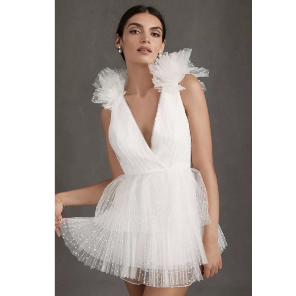Monique Lhuillier Perrie Tiered Shoulder-Ruffle V-Neck Mini Dress